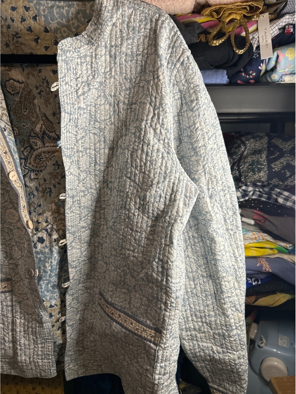 Reversible Quilted Patchwork Jacket in Blue and Beige